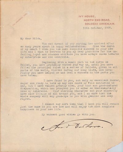 Pavlova, Anna - Typed Letter Signed 1925