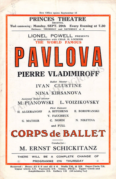 Pavlova, Anna - Playbill Ad Bristol