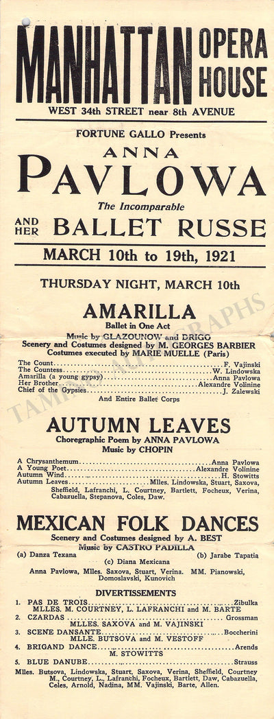 Pavlova, Anna - Manhattan Opera House Playbill 1921