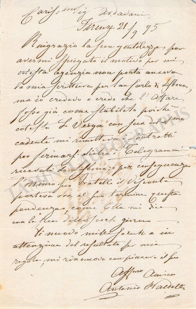 Baldelli, Antonio - Autograph Letter Signed 1875