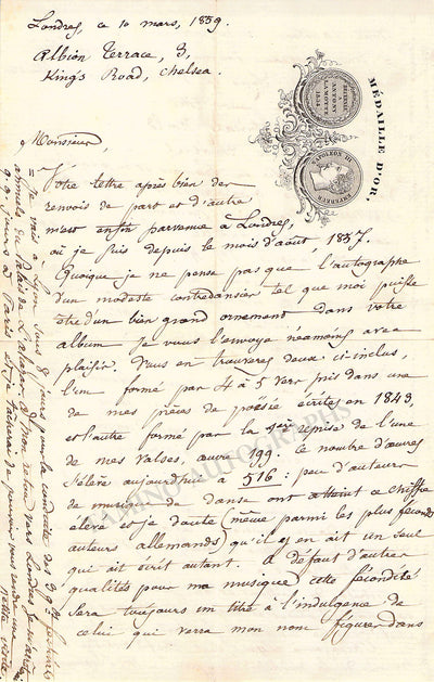 Lamotte, Antony - Autograph Letter Signed 1859