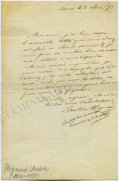 Hignard, Aristide - Autograph Letter Signed 1875