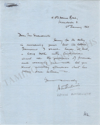 Butterworth, Arthur - Set of 2 Autograph Letters Signed 1960 & 1967