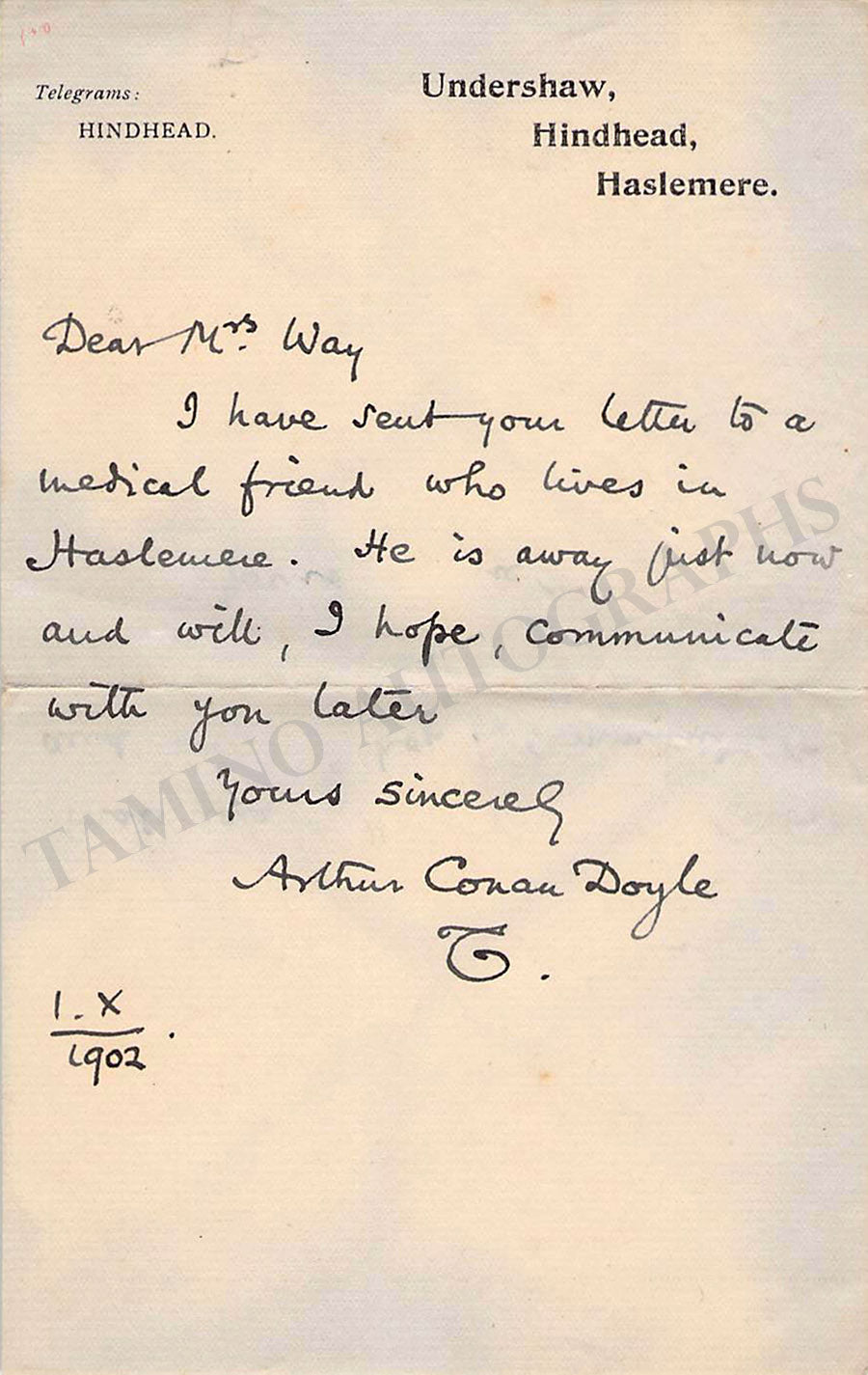 Dyle Note Arthur Conan Doyle Autograph Note Signed