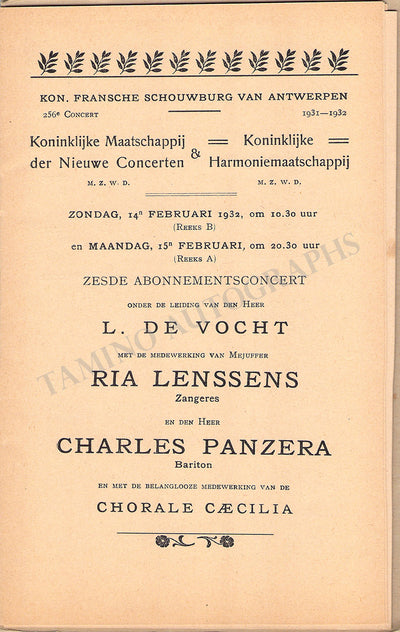 Honegger, Arthur - Lenssens, Ria - Signed Program Antwerp 1932