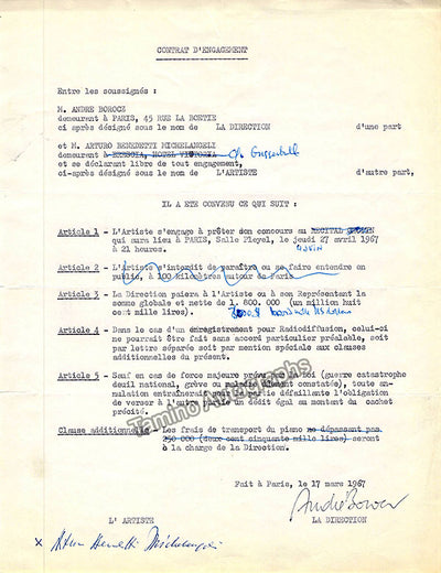 Michelangeli, Arturo Benedetti - Signed Contract 1967