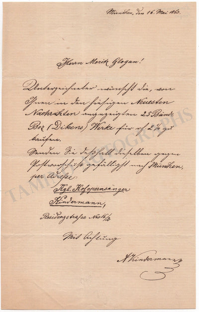 Kindermann, August - Autograph Letter Signed 1863