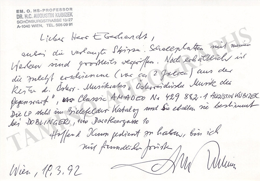Augustin Autograph Note Signed 1992 Tamino