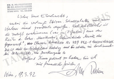 Kubizek, Augustin - Autograph Note Signed 1992