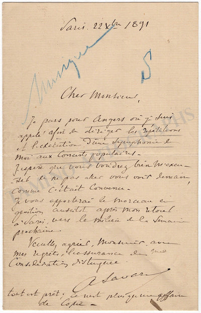 Savard, Augustin - Autograph Letter Signed 1891