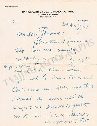 Post, Augustus - Autograph Letter Signed 1951