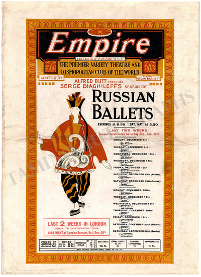 Ballet Russes - Serge Diaghilev - Empire Theater Poster 1919