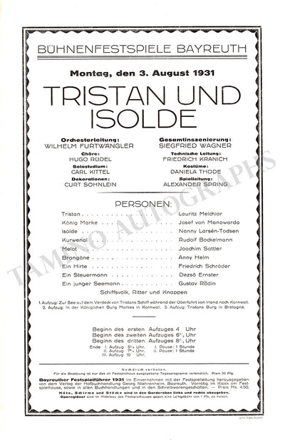 Bayreuth Festival - Playbill Tristan und Isolde 1931