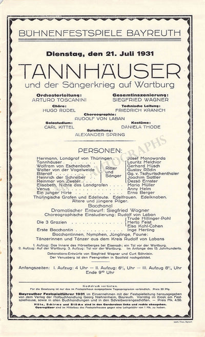 Bayreuth Festival - Playbill Tannhauser 1931