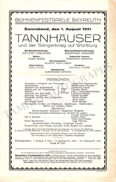 Bayreuth Festival - Playbill Tannhauser 1931