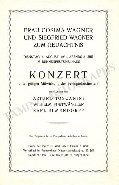 Bayreuth Festival - Playbill Concert in Memoriam Cosima & Siegfried Wagner 1931
