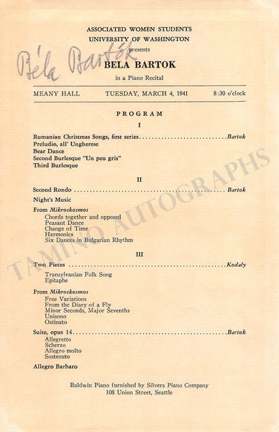 Bartok, Bela - Signed Program Washington 1941