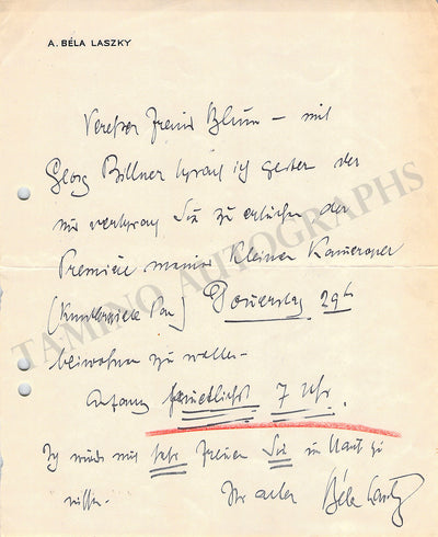 Laszky, Bela - Autograph Note Signed