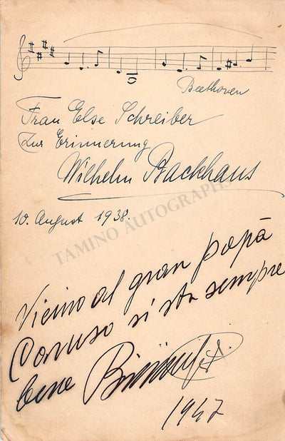 Backhaus, Wilhelm - Gigli, Beniamino - Autograph Music Quote Signed 1938
