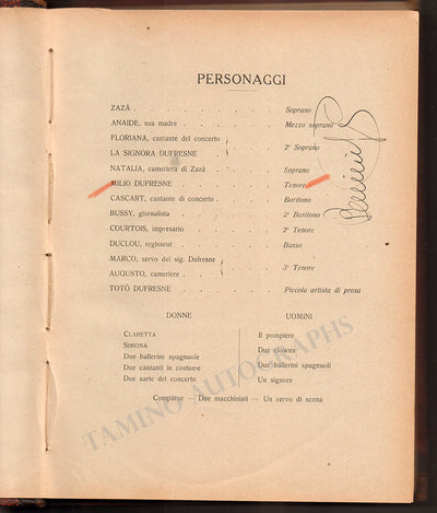 Gigli, Beniamino - "Zaza" Signed Personal Score