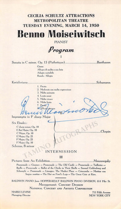 Moiseiwitsch, Benno - Signed Program New York 1950
