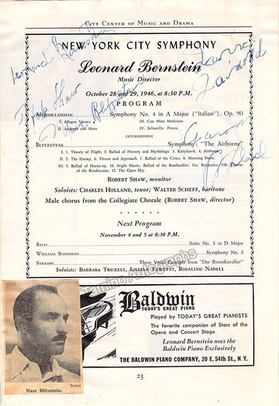 Blitzstein, Mark - Copland, Aaron - Bernstein, Leonard & Others - Signed Program Page NY 1956
