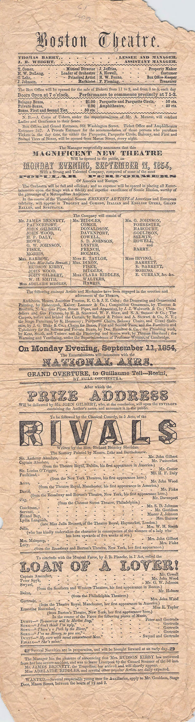Boston Theater - Inaugurational Night Playbill 1854