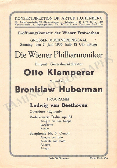 Huberman, Bronislav - Concert Program Vienna 1936