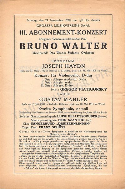 Piatigorsky, Gregor - Walter, Bruno - Concert Program Vienna 1930