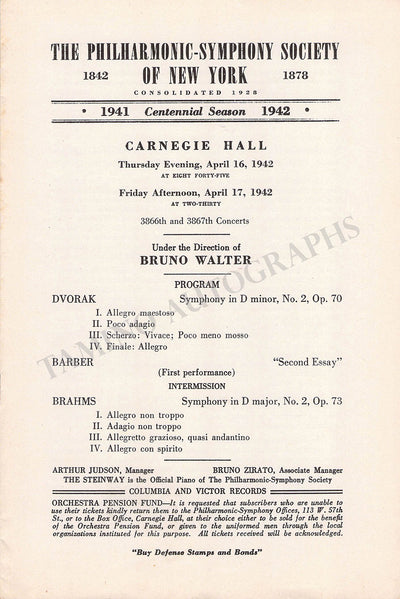 Walter, Bruno - Lot of 25 Unsigned Concert Programs 1931-1956