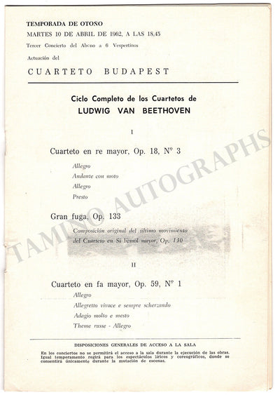Budapest Quartet - Concert Program Buenos Aires 1962