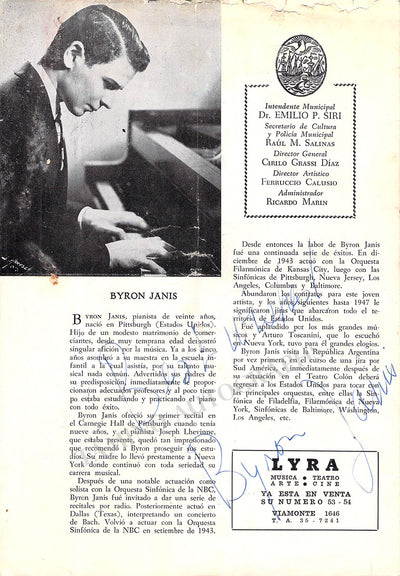 Janis, Byron - Signed Concert Program Teatro Colon, Buenos Aires, 1948