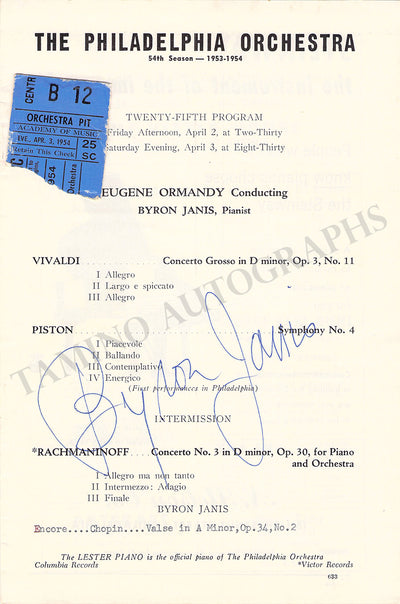 Janis, Byron - Signed Program Page Philadelphia 1954