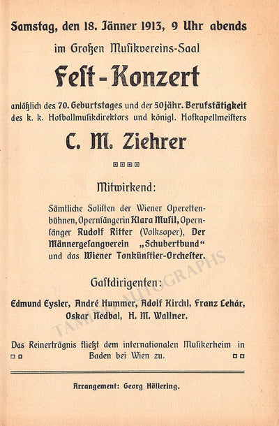 Ziehrer, Carl M. - Birthday Celebration Program Vienna 1913