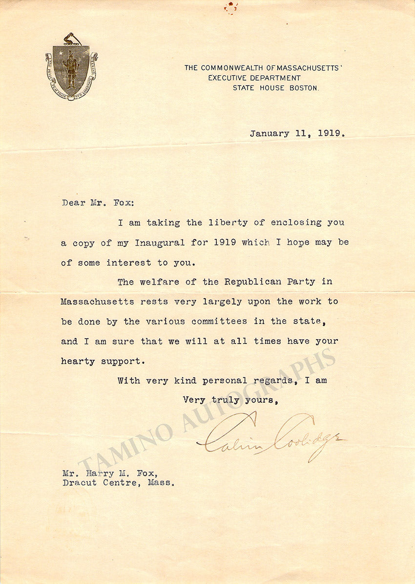 Coolidge, Calvin - Typed Letter Signed 1919
