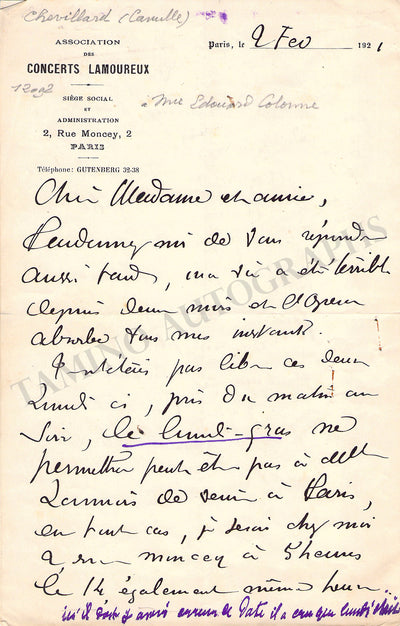 Chevillard, Camille - Autograph Letter Signed 1921