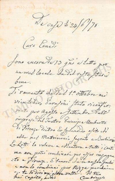 Cambiaggio, Carlo - Autograph Letter Signed 1876
