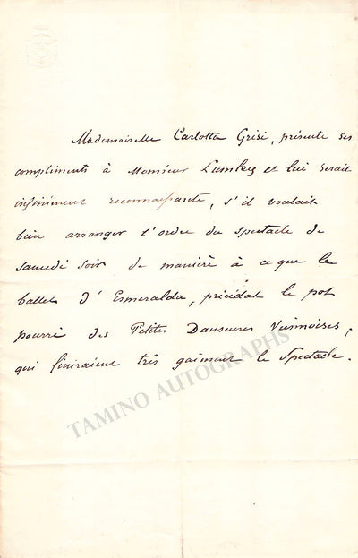 Grisi, Carlotta - Autograph Note