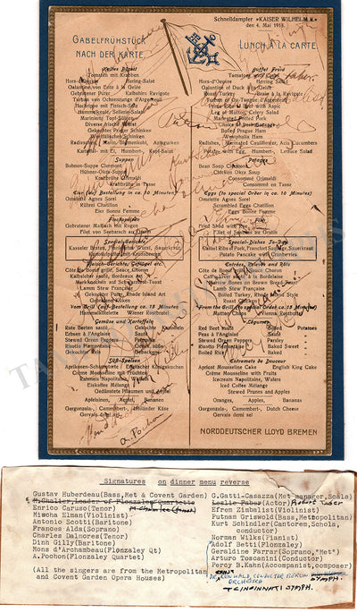 Caruso, Enrico - Toscanini, Arturo & Others - Signed Menu 1913