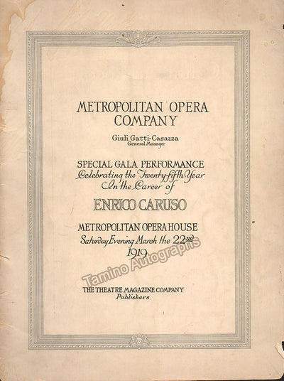 Caruso, Enrico - 1919 Metropolitan Opera Gala Program celebrating 25th Anniversary of his operatic debut