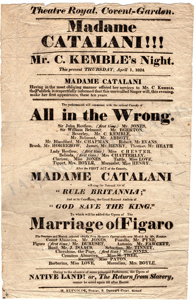 Catalani, Angelica - Vintage Playbill 1824
