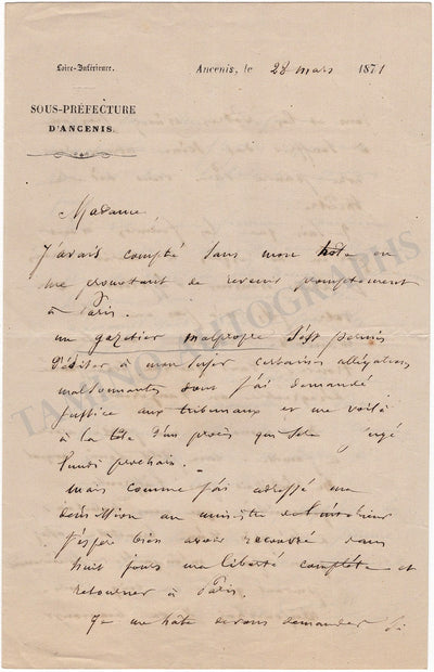 Bataille, Charles-Amable - Autograph Letter Signed 1871