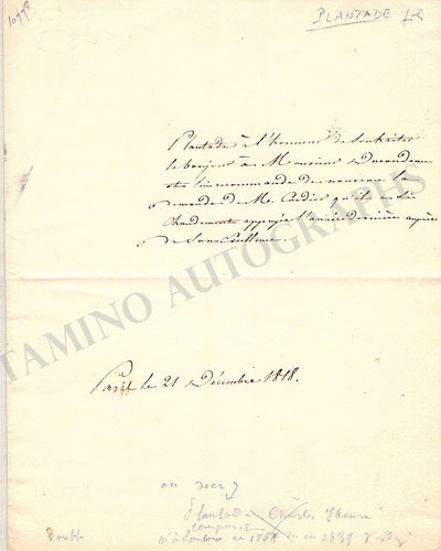Plantade, Charles-François - Autograph Note Signed 1818