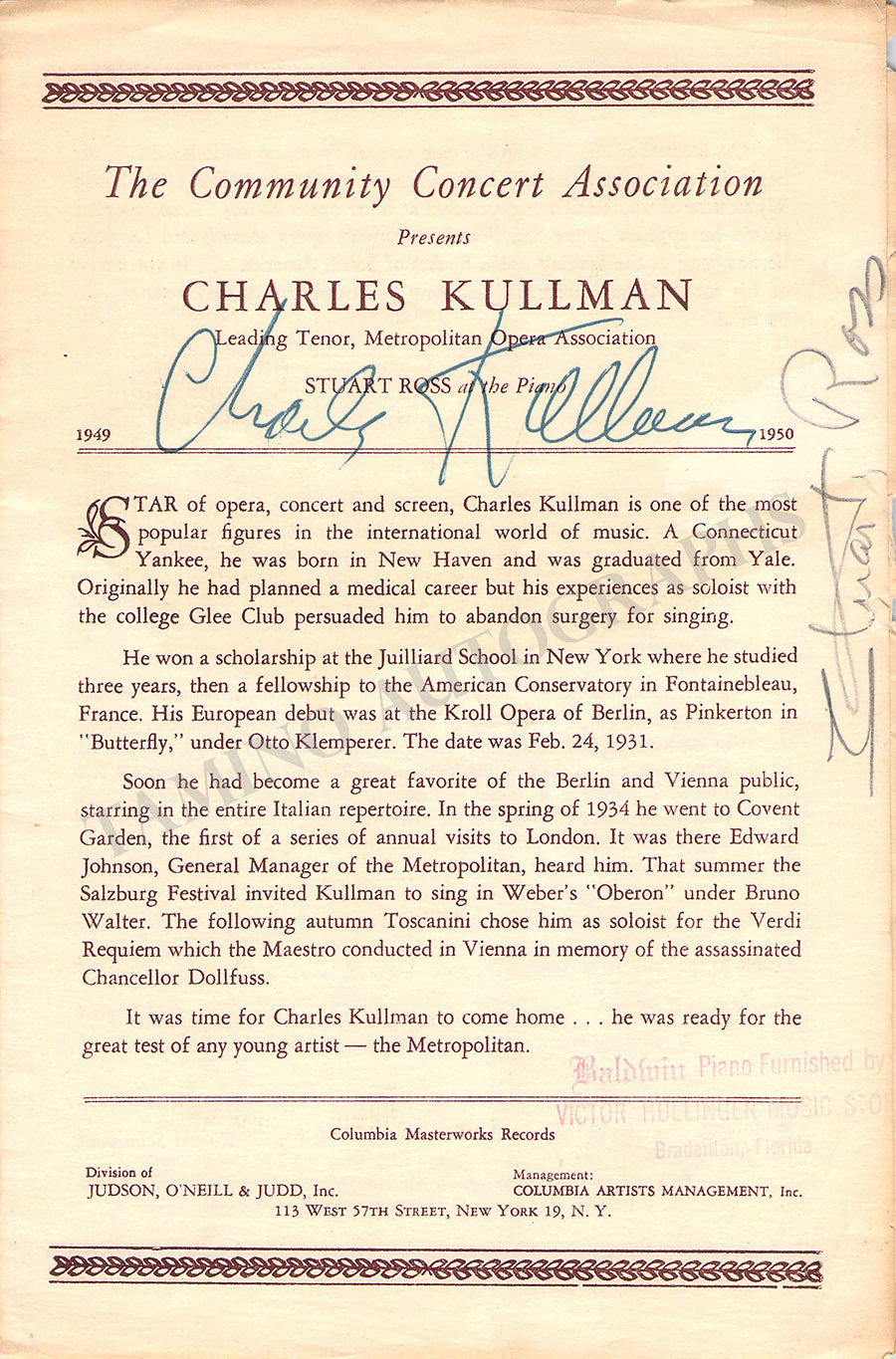 Charles Kullman Autograph Signed Program Chicago 1949 – Tamino