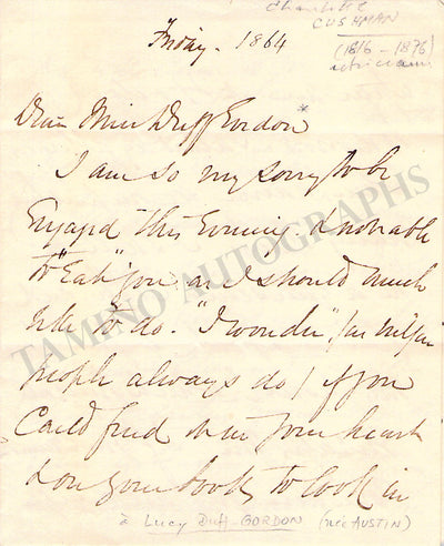 Cushman, Charlotte - Autograph Letter Signed 1864