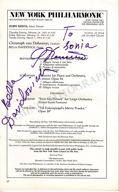Davidovich, Bella - Signed Program New York 1983