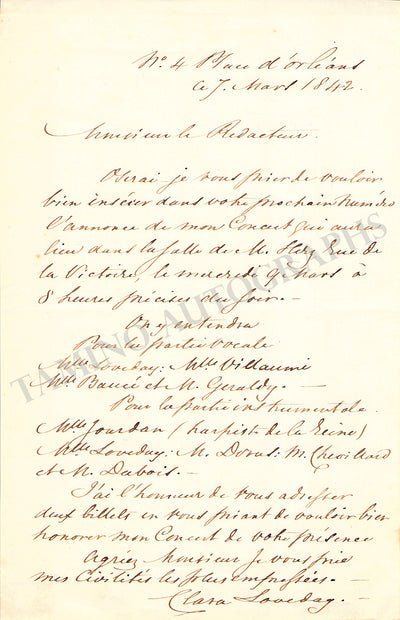 Loveday, Clara - Autograph Letter Signed 1842