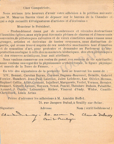 Debussy, Claude - Signed Printed Document