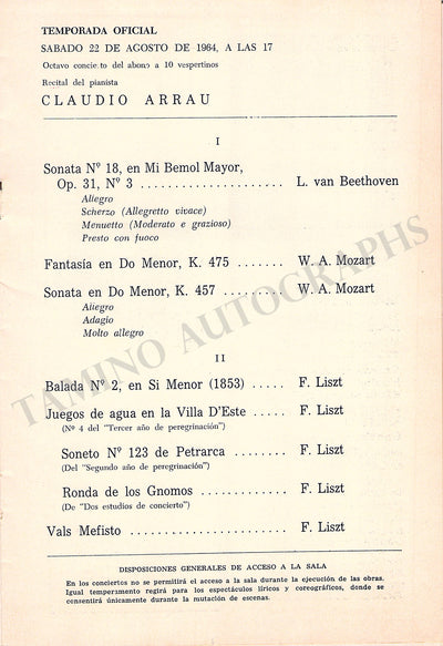 Arrau, Claudio - Concert Program Teatro Colon Buenos Aires 1964
