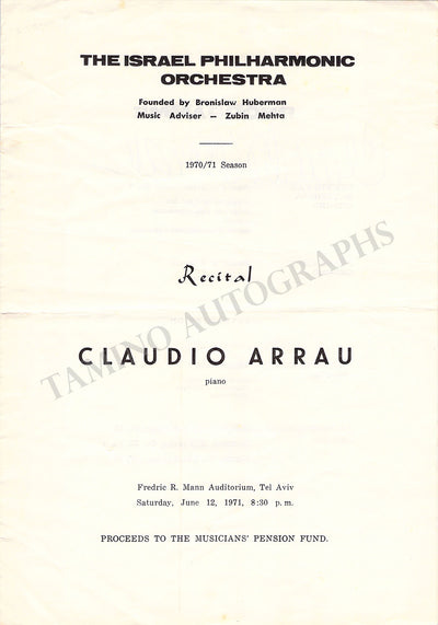 Arrau, Claudio - Signed Program Tel Aviv 1971